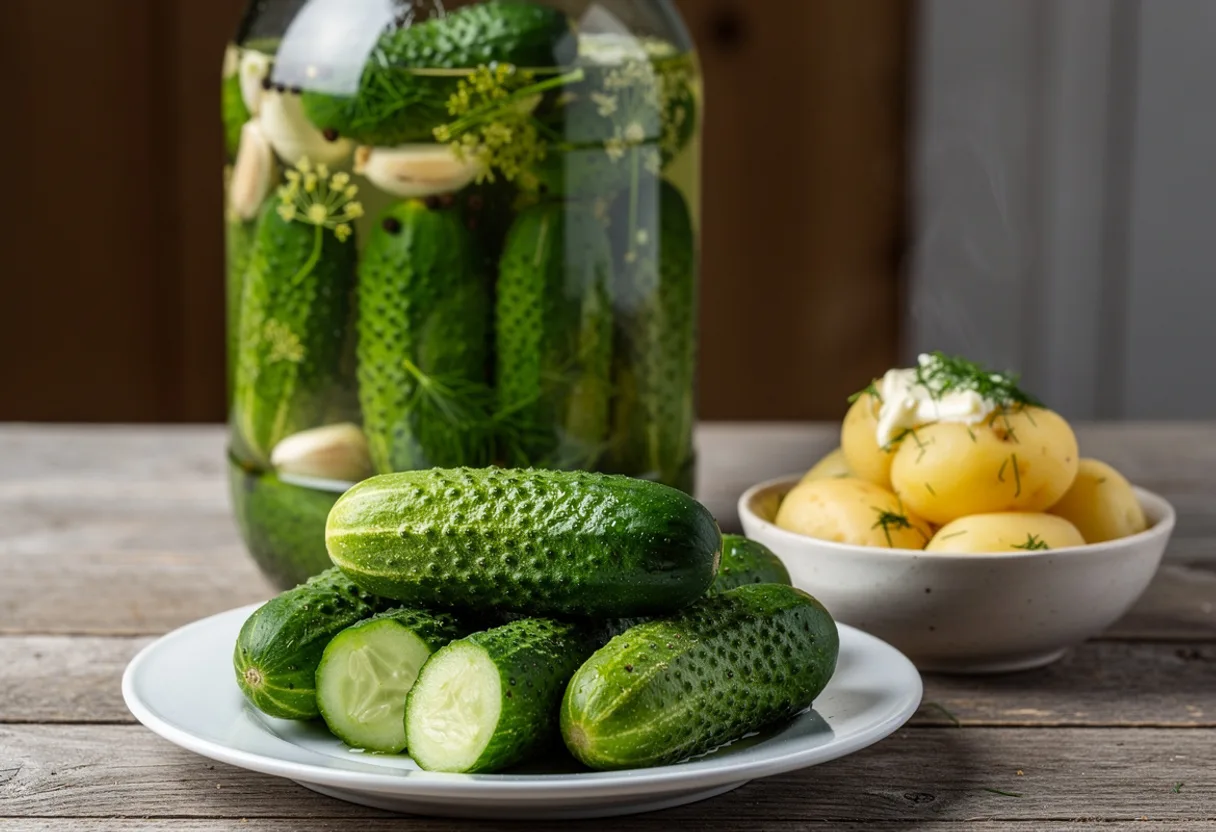 Glass jar of small green cucumbers with dill and garlic in cloudy brine