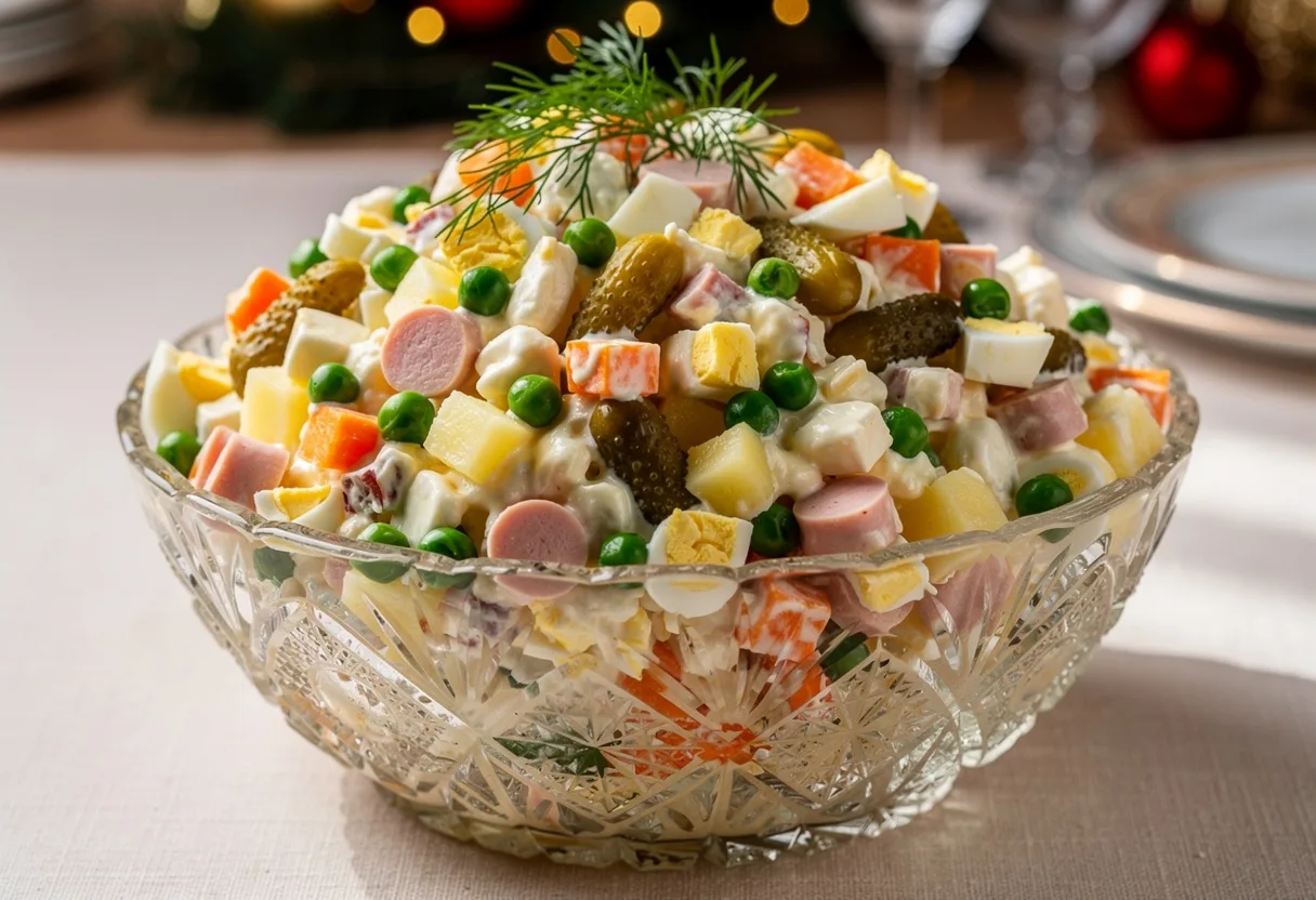 Cut-glass bowl of Olivier salad: small cubes of potato, carrot, egg, pickle, sausage and green peas in mayonnaise, topped with dill