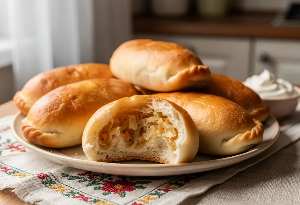 Golden fried oval buns, one broken open to show braised cabbage and carrot filling