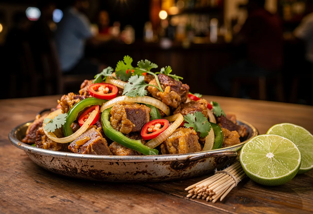 Crisp, browned chunks of fried pork tossed with onion, green pepper and coriander, lime on the side