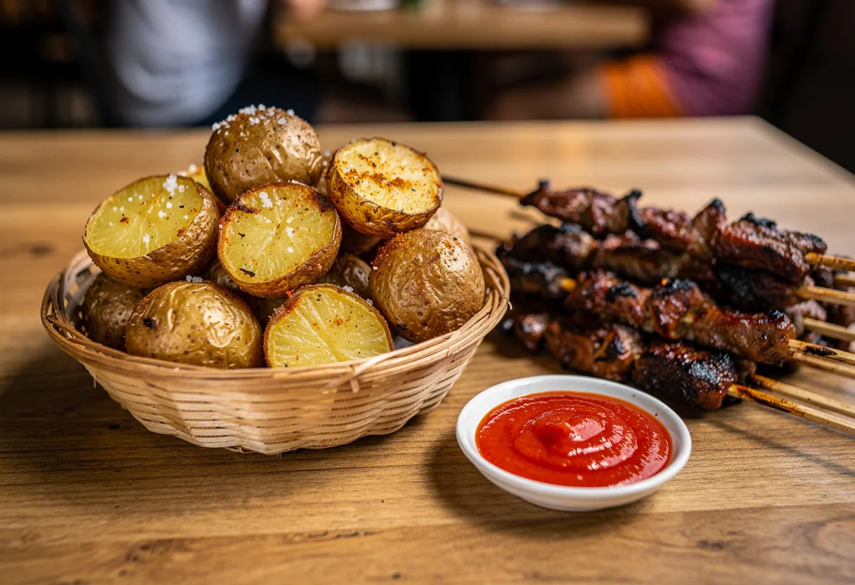 Basket of crisp, brown fried halved baby potatoes with skins on, beside grilled brochettes