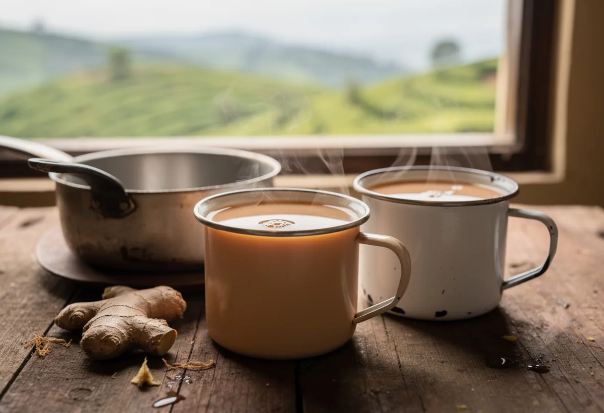 Two mugs of creamy, pale caramel-coloured milky ginger tea