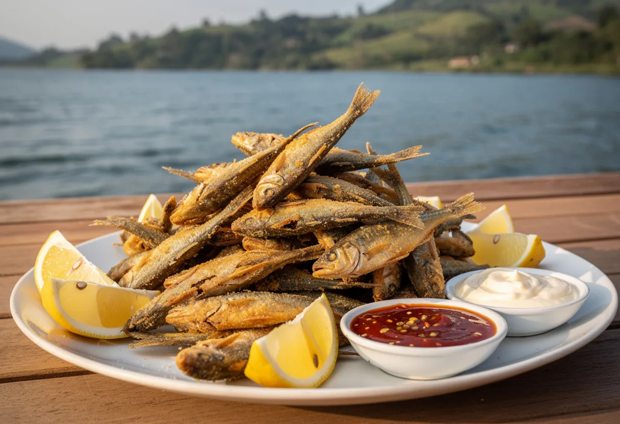 A heap of crisp, golden fried whole tiny fish with lemon wedges, chili sauce and mayonnaise