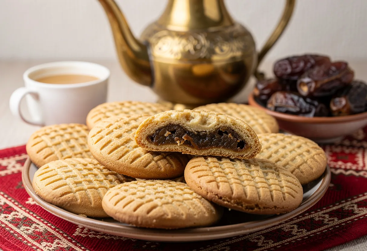 Round golden brown cookies with a grid pattern on top, one broken to show a dark date filling, with Arabic coffee