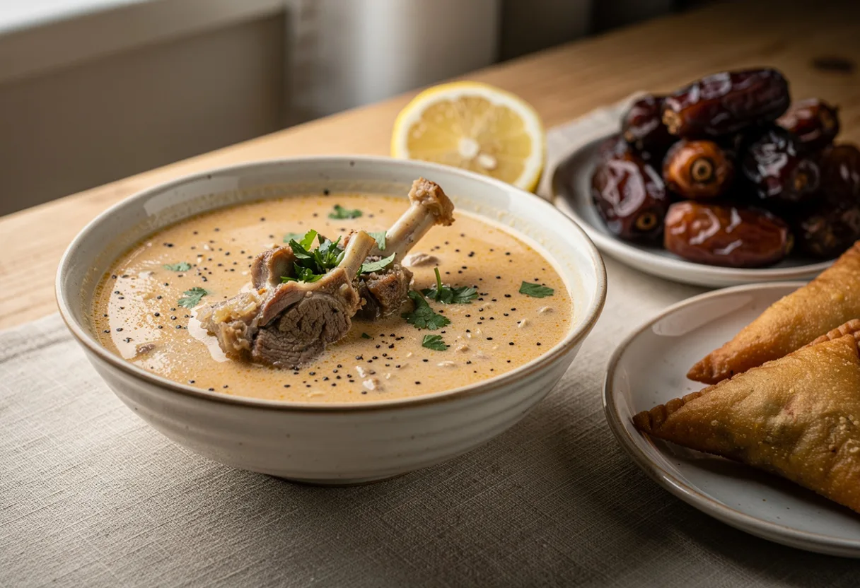 A bowl of thick, pale orange lamb and oat soup with small pieces of lamb, a lemon wedge beside it