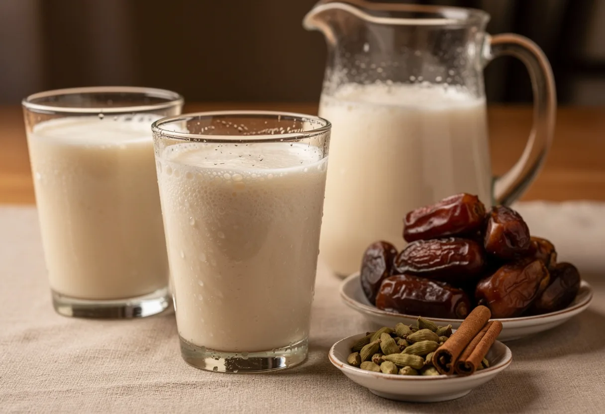 Glasses of cold, cloudy off-white sobia with a jug, beside dates