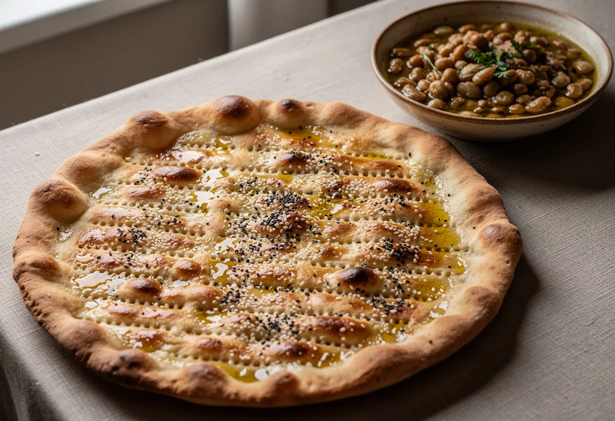 A large round golden flatbread dotted with rows of docking holes, sesame and black nigella seeds, beside a bowl of ful