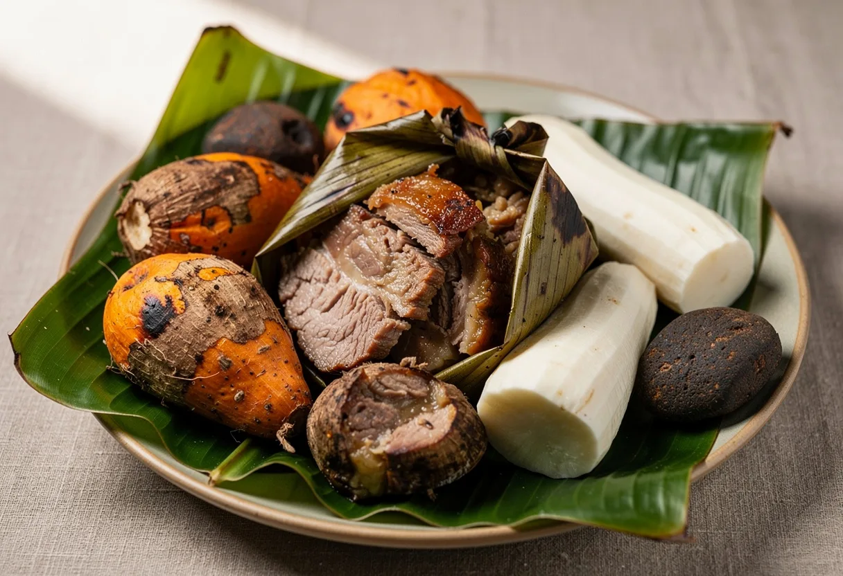Leaf-wrapped roast pork and whole roasted taro, kumara and cassava laid out on banana leaves
