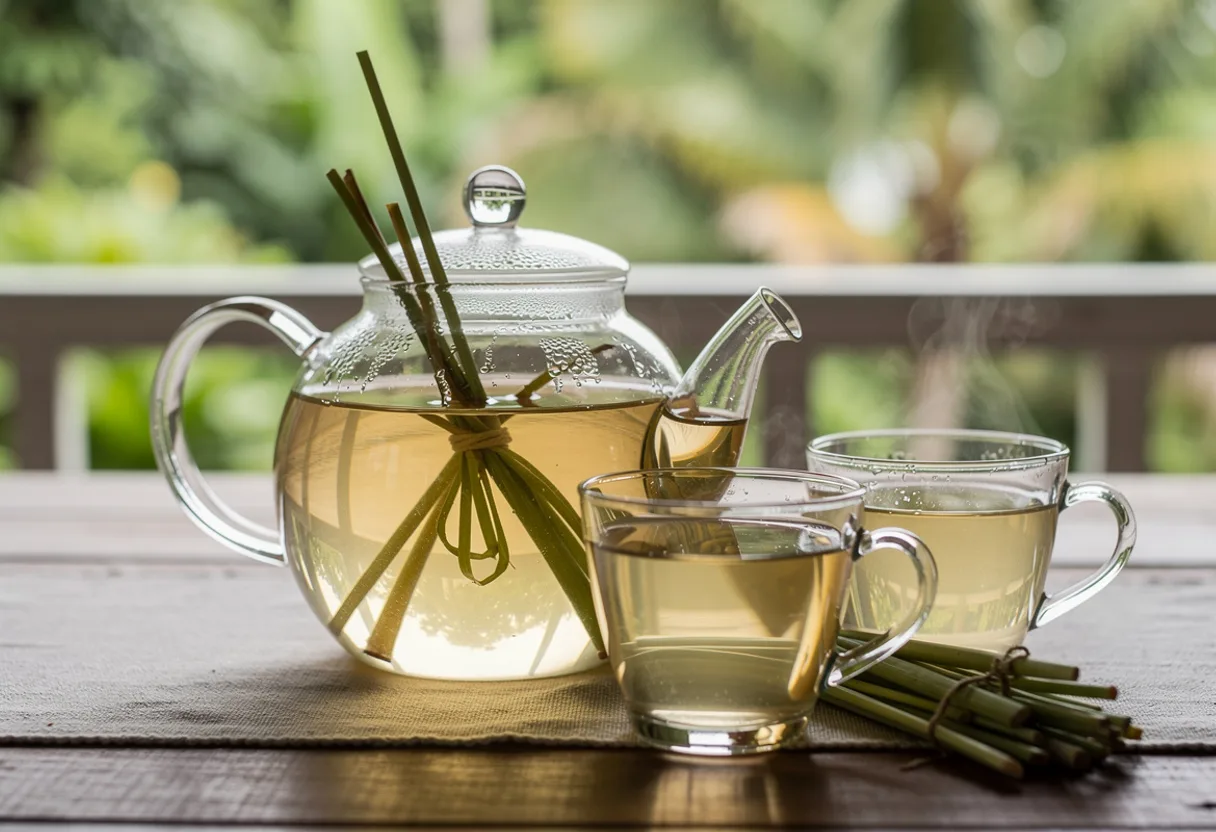 A glass teapot and cups of pale gold lemongrass tea with fresh lemongrass leaves