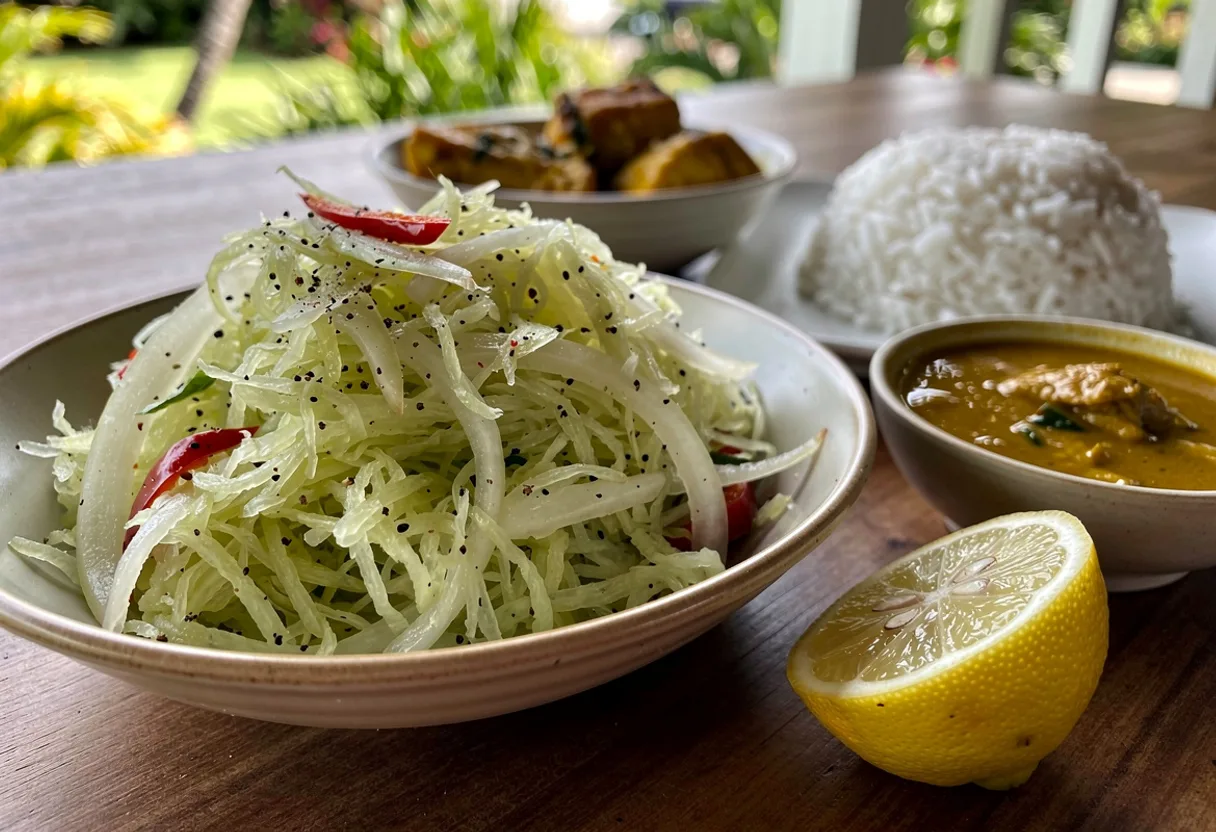 Bowl of finely grated pale green papaya chutney with onion and red chili