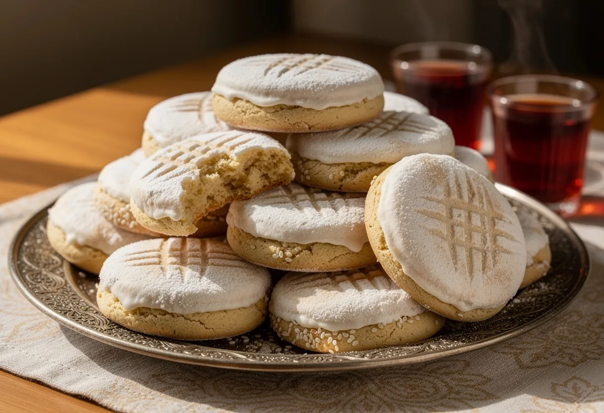 Round, crumbly biscuits thickly coated in white icing sugar, stacked on a plate beside glasses of tea