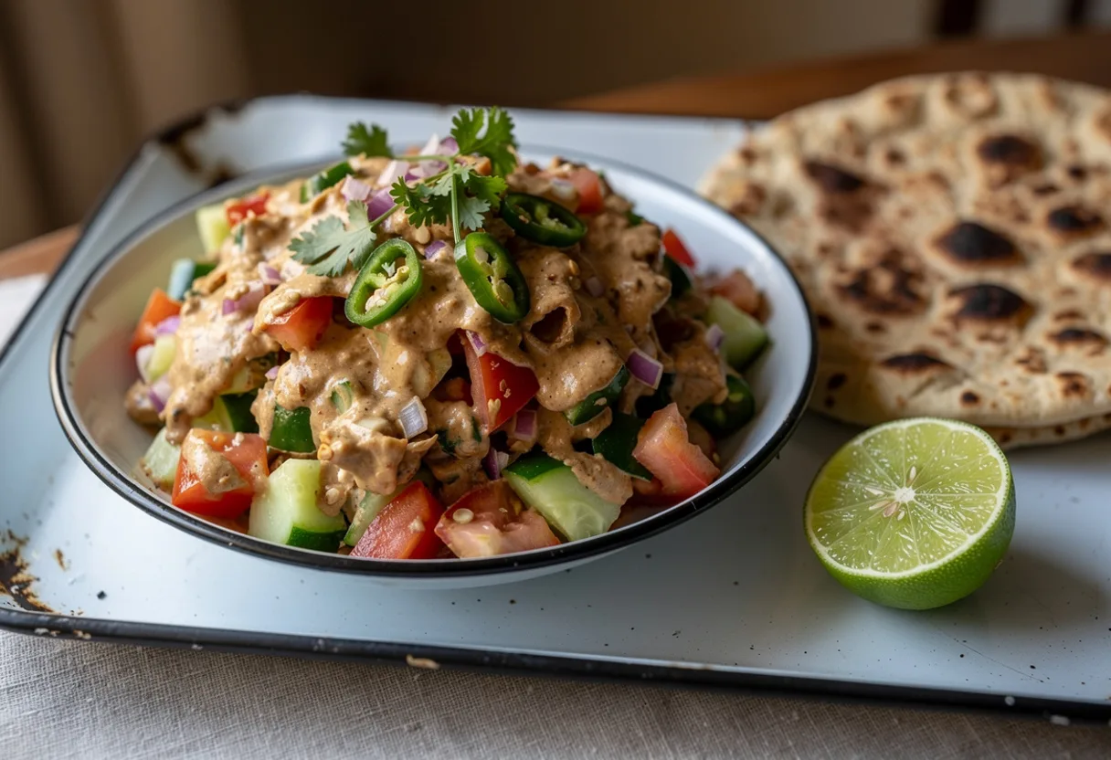 Bowl of diced tomato, cucumber, green pepper and red onion in a creamy peanut dressing