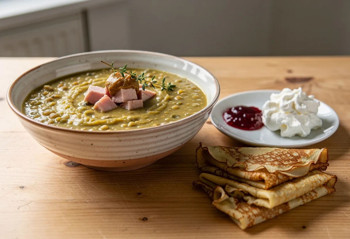 Bowl of thick yellow pea soup with pieces of pork and a spoon of mustard, with folded thin pancakes, jam and whipped cream beside it