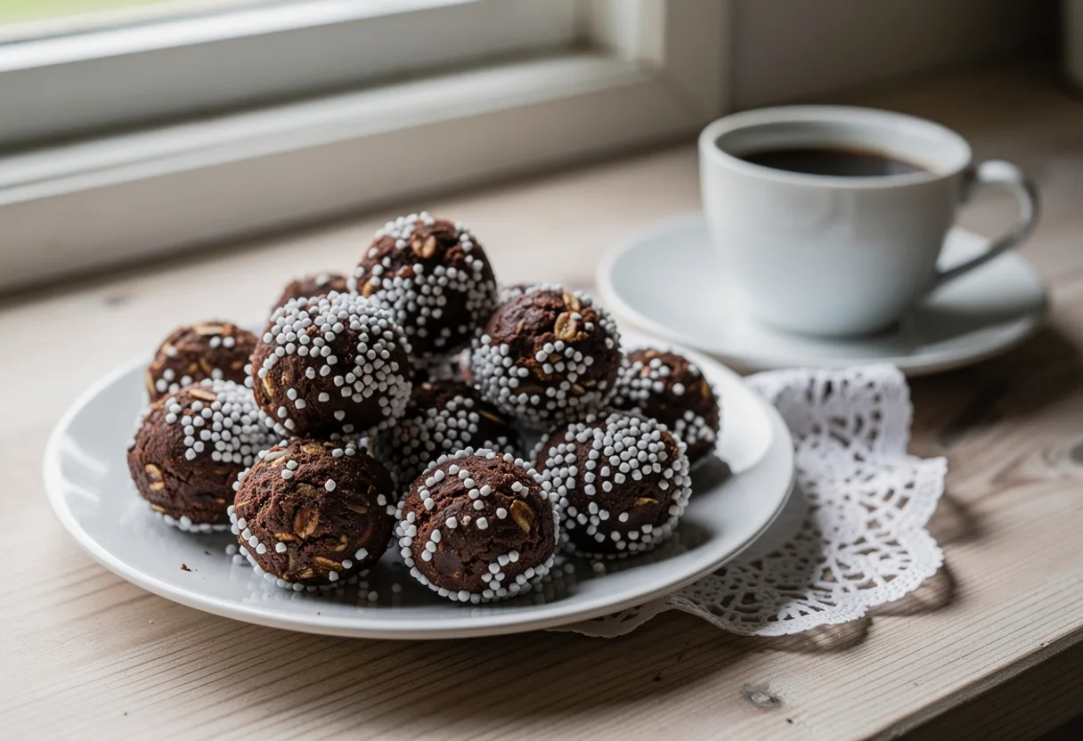 Plate of dark chocolate oat balls rolled in white pearl sugar next to a cup of coffee