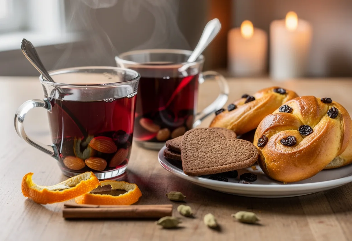 Small glass cups of steaming dark red glögg with raisins and blanched almonds, beside ginger biscuits and saffron buns