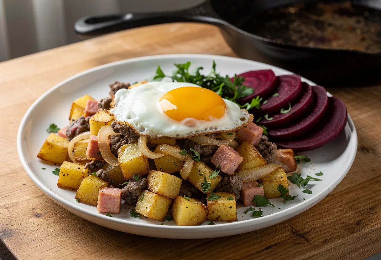 Crisp diced potato, onion and meat hash topped with a fried egg, with pickled beetroot slices and parsley