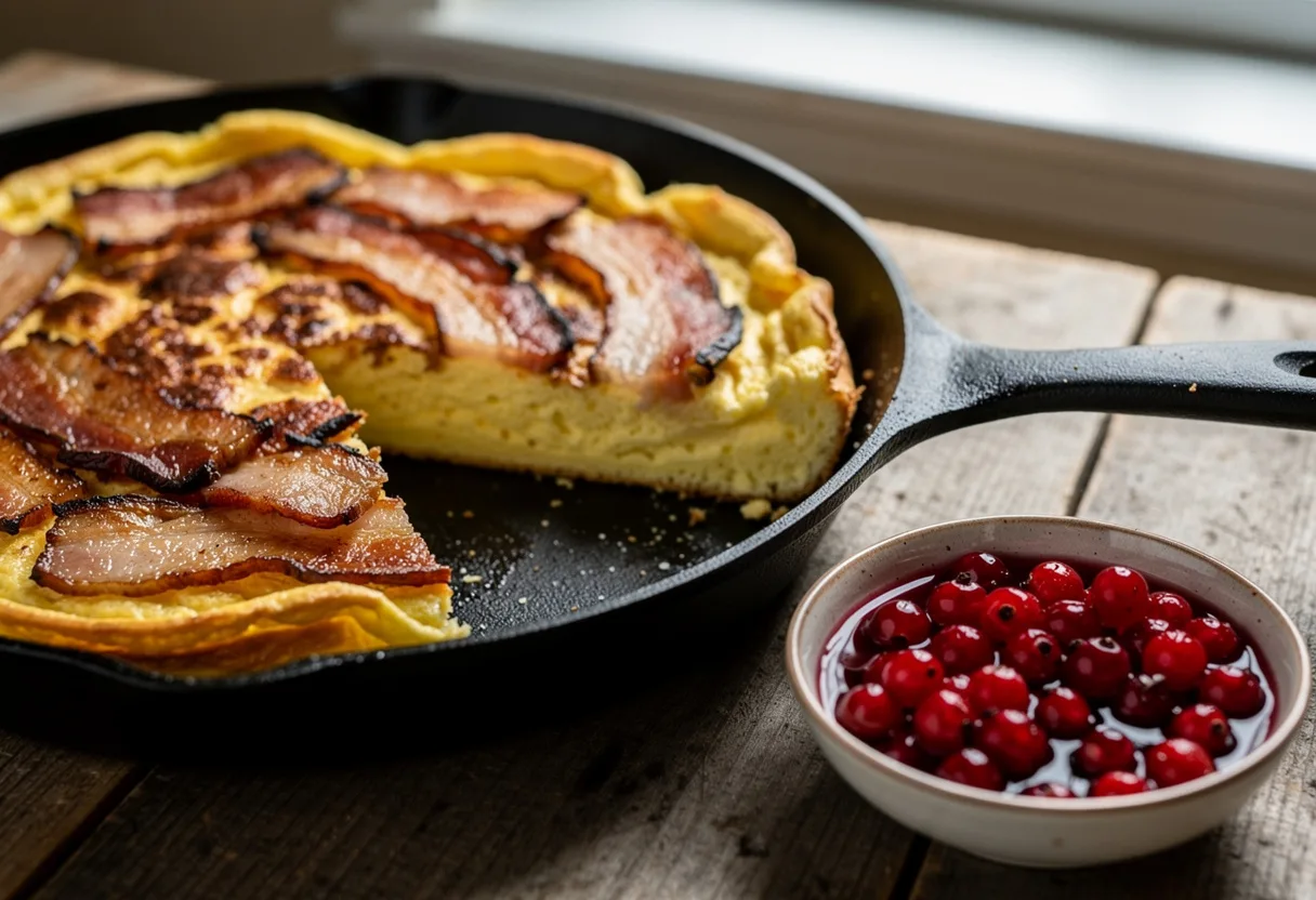 Thick golden Scanian egg cake in a pan topped with crisp slices of fried pork belly and bright red lingonberries