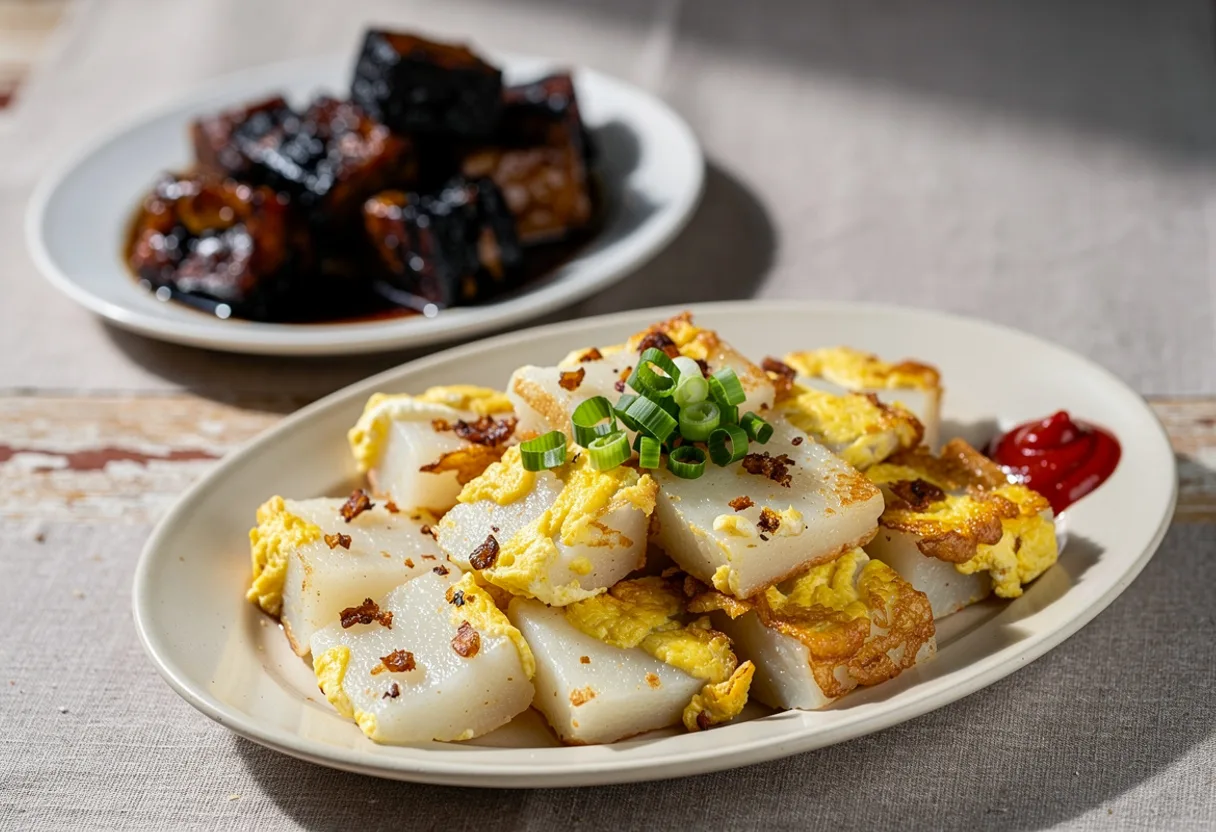 Crisp cubes of fried radish cake with golden egg, preserved radish and spring onion on a plate