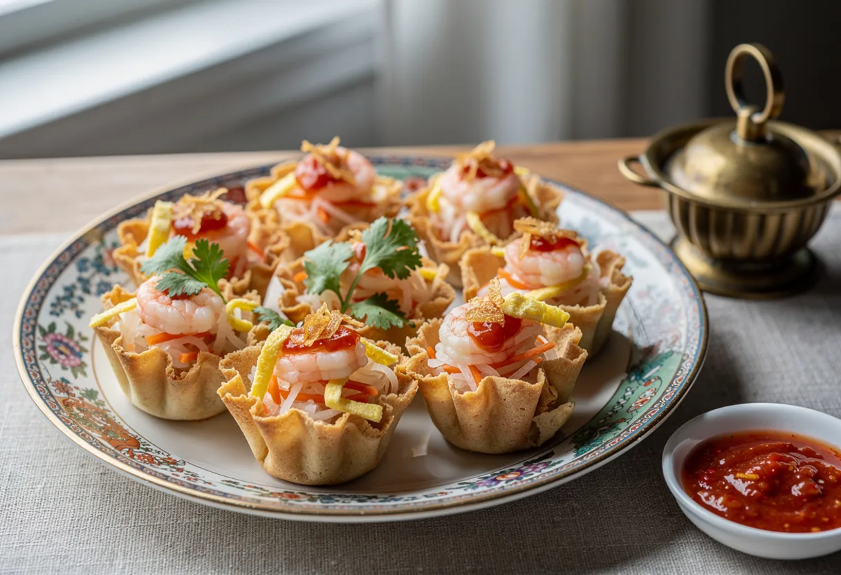 Small crisp golden fluted pastry cups filled with shredded jicama, prawn, egg strips, coriander and chili sauce