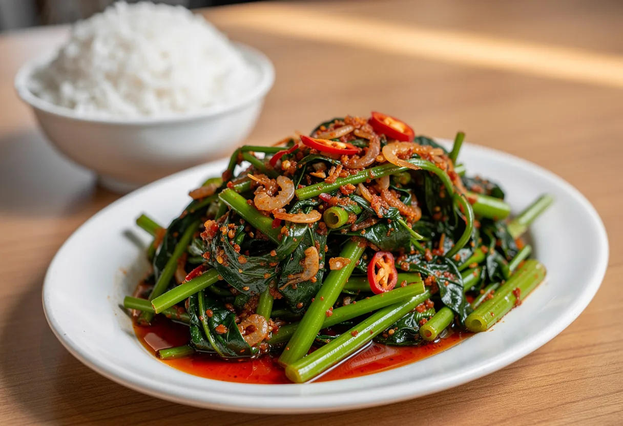 A plate of glossy stir-fried water spinach coated in red chili sambal with dried shrimp