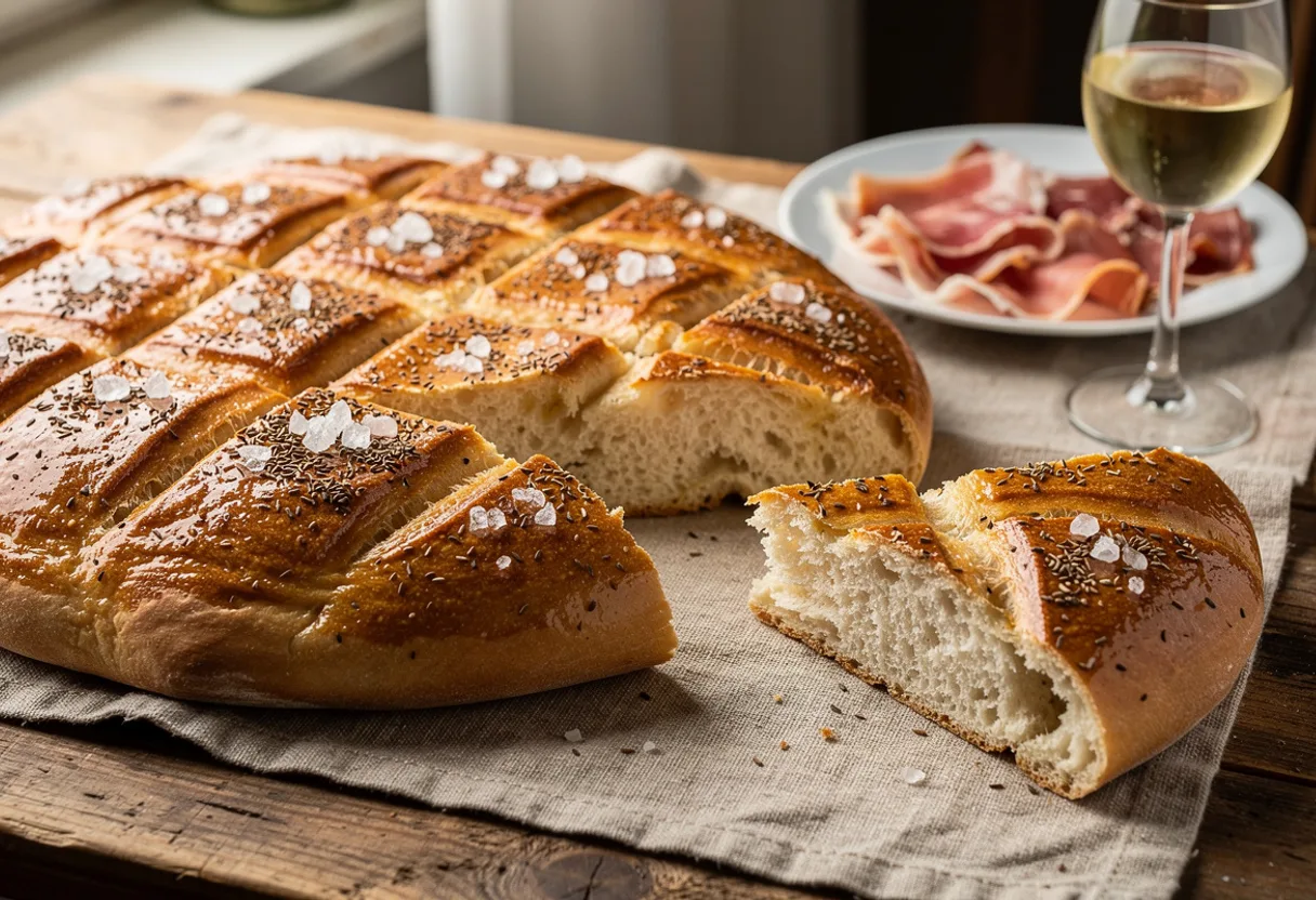 Round golden flatbread scored in a criss-cross pattern and scattered with caraway and coarse salt
