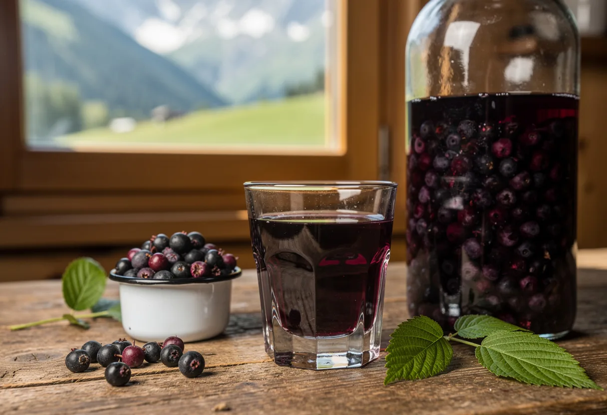 Small glass of deep purple bilberry liqueur beside a bottle of steeping bilberries