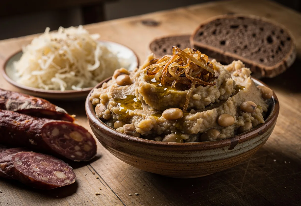 Bowl of creamy beige mashed beans and potatoes topped with golden fried onions