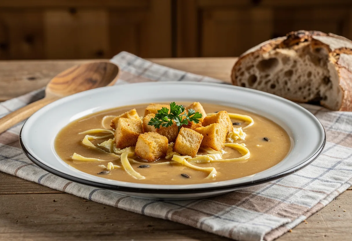 Bowl of light brown toasted flour soup with soft ribbons of egg, golden bread croutons and parsley