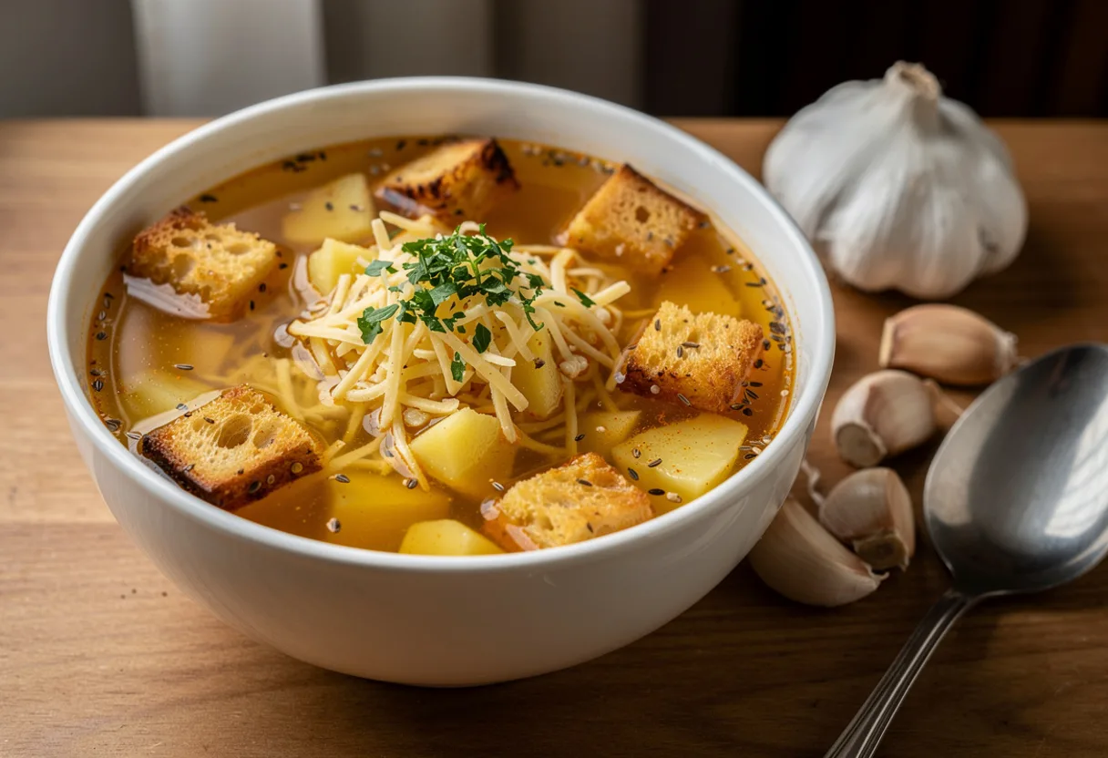 Bowl of clear golden garlic soup with potato cubes, toasted bread cubes and melting grated cheese