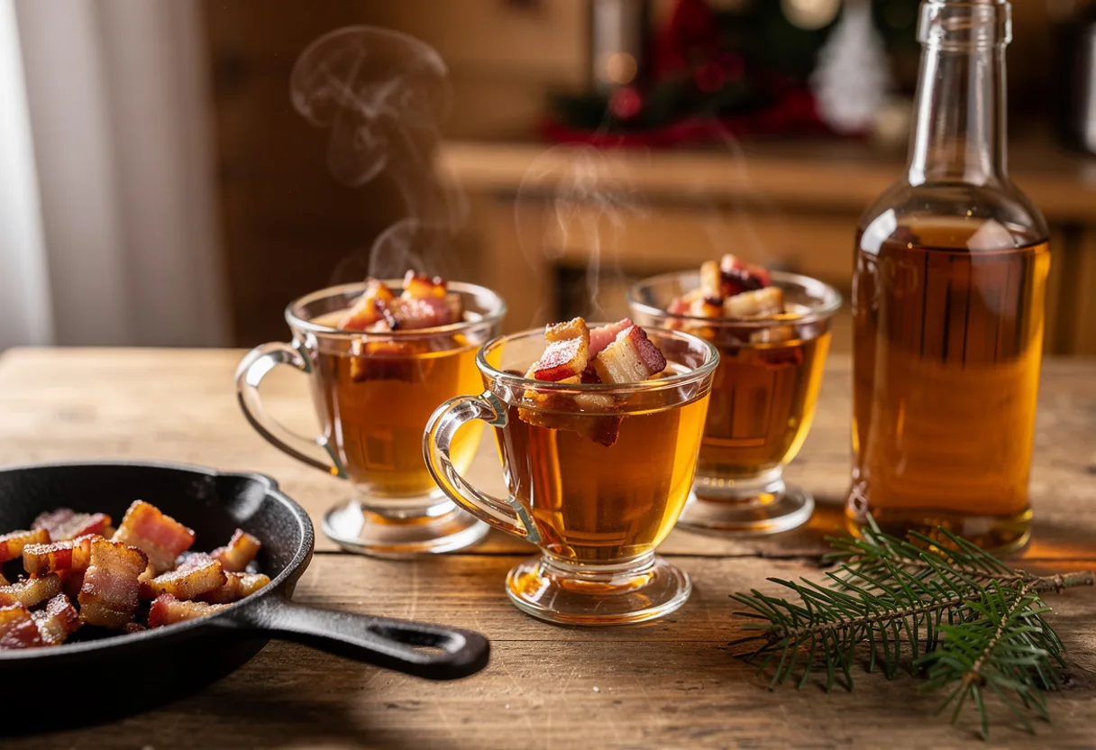 Small handled cups of hot golden caramel brandy with pieces of crisp bacon floating on top
