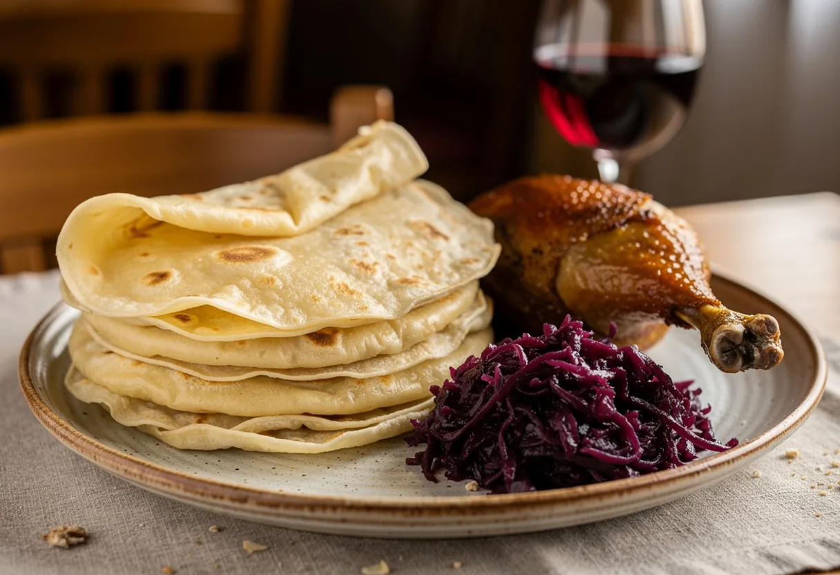 Stack of thin, soft potato flatbreads with brown freckles, glistening with butter, beside roast goose and red cabbage