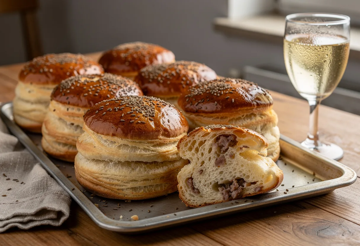 Round golden flaky crackling scones with caraway seeds on top