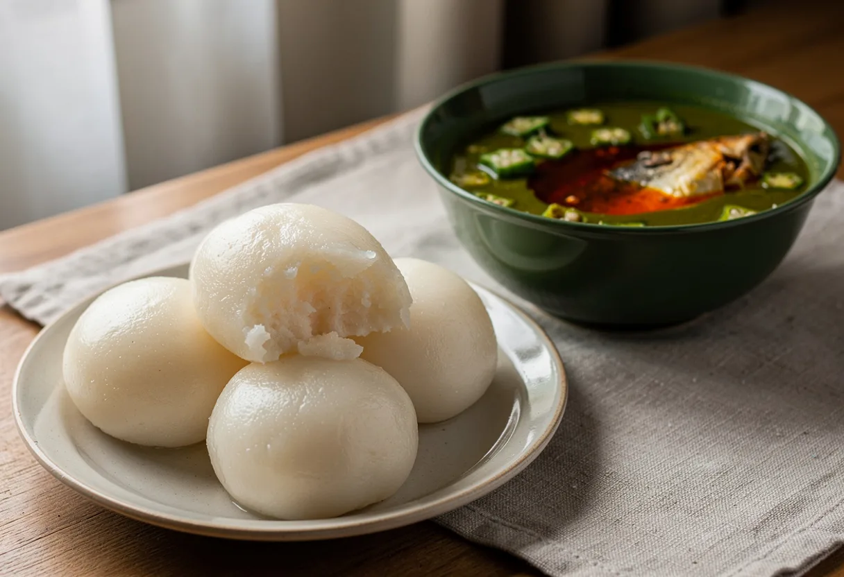 Smooth, off-white balls of fermented cassava dough beside a bowl of okra soup