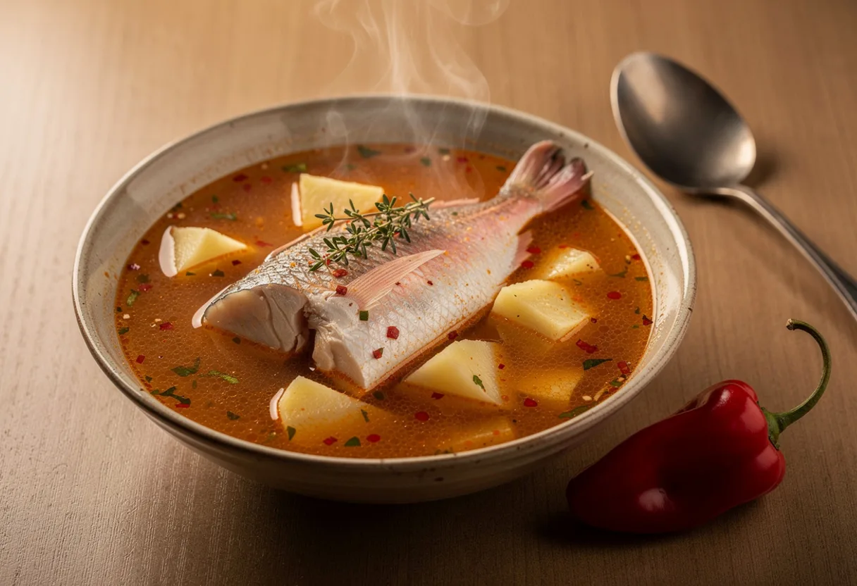 A bowl of clear, red-flecked fish pepper soup with pieces of snapper and potato