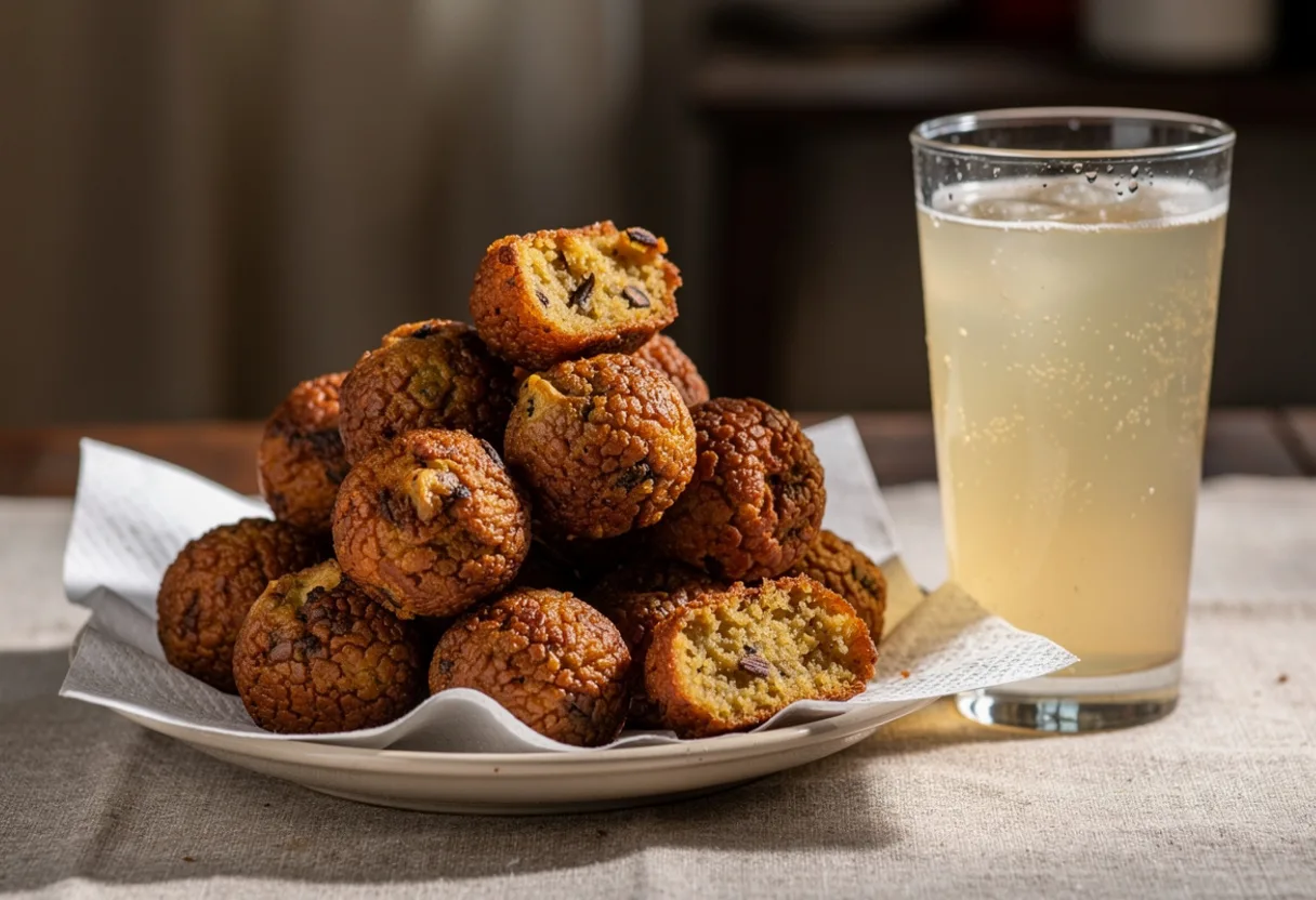 Small round golden-brown rice and banana fritters piled on a plate, with a glass of ginger beer