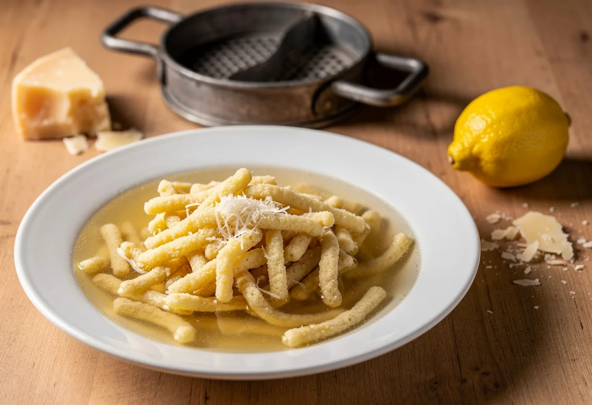 Bowl of clear golden broth filled with short, thick, rough strands of breadcrumb and Parmesan passatelli