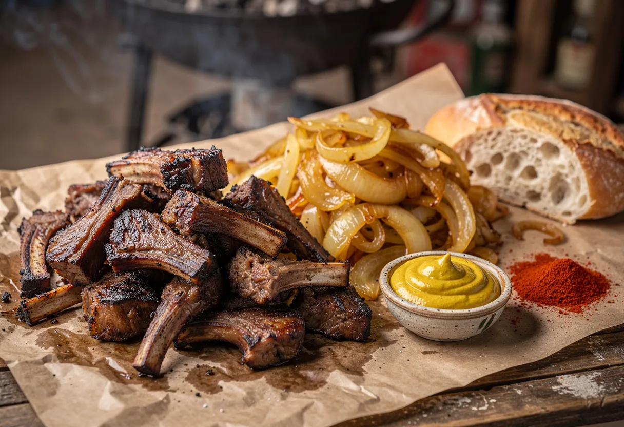 Chopped charred grilled lamb on brown paper with soft mustard onions and a torn baguette