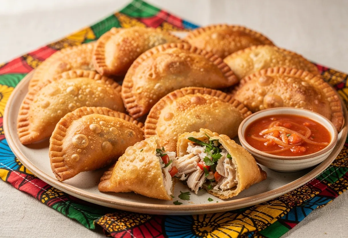 Golden fried half-moon fish turnovers with a bowl of red onion and tomato sauce