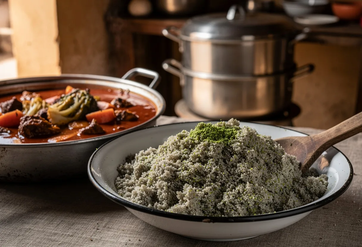 A bowl of fluffy, greyish-beige millet couscous beside a bowl of red stew