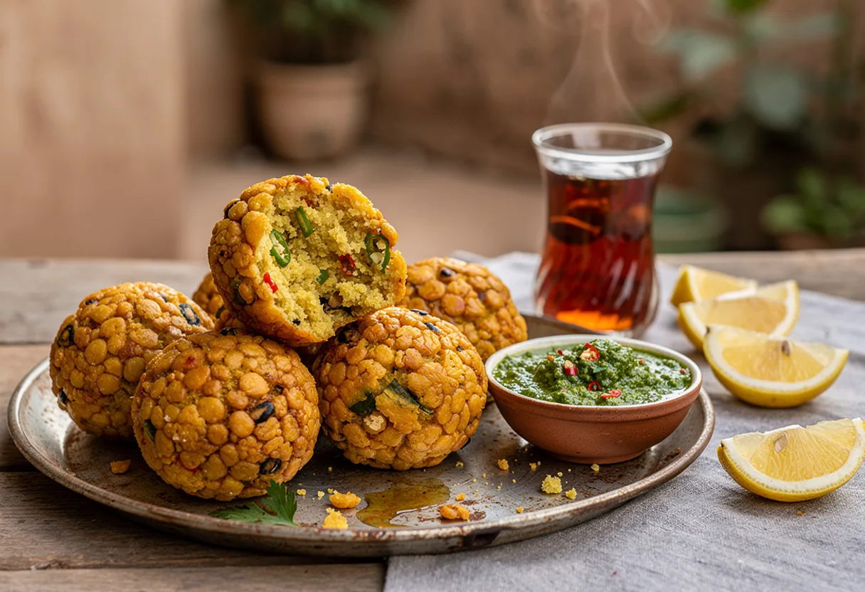 Small crisp golden black-eyed pea fritters with a bowl of green chili sauce