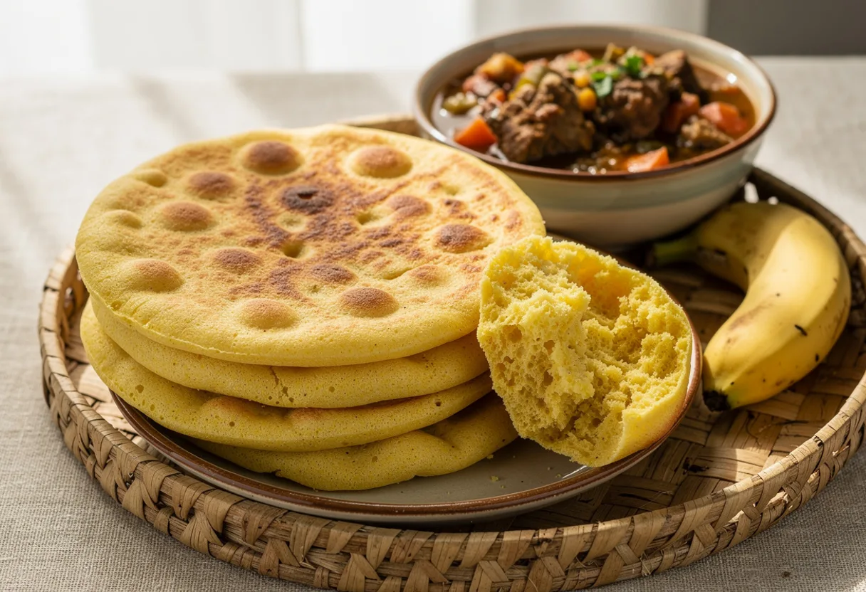 Round, thick Somali corn flatbreads with fingertip dimples and golden-brown undersides, beside a bowl of stew