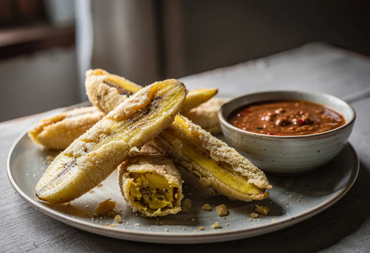 Long golden battered plantain slices on a plate with a bowl of thick brown peanut sauce