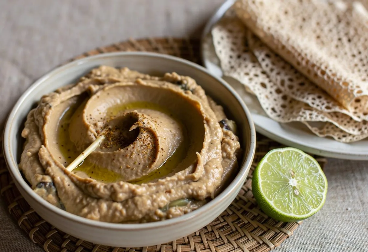 Bowl of soft, glossy brown mashed eggplant and peanut salad with lime and flatbread
