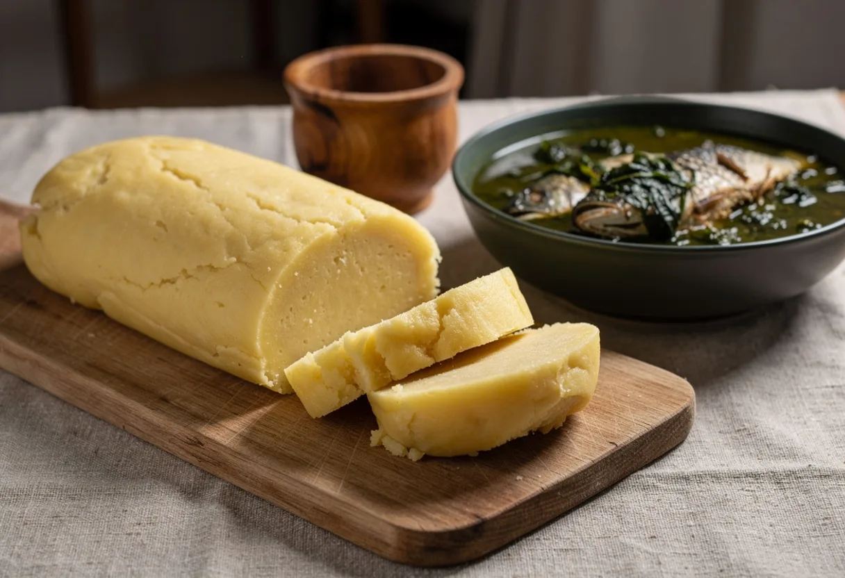 Log of smooth pale yellow mashed plantain cut into thick slices, beside a bowl of dark green calulu