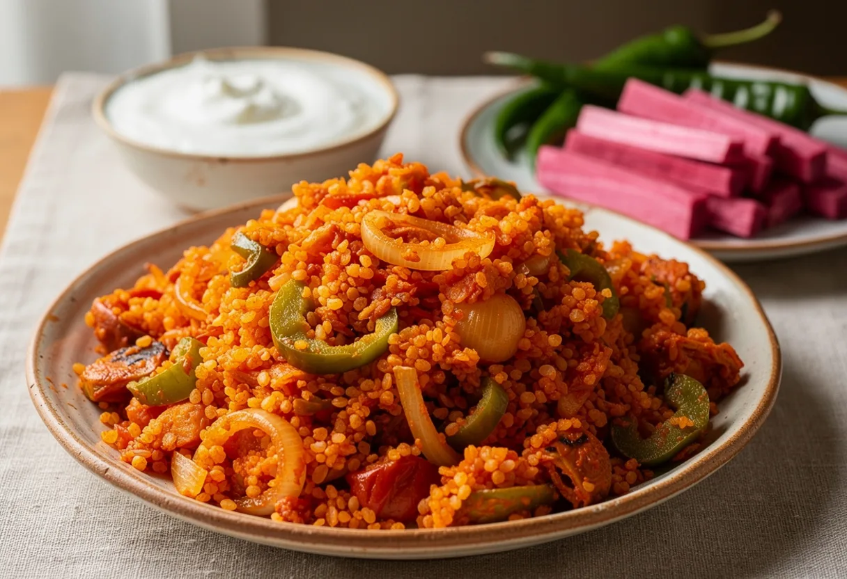 A dish of fluffy tomato-red bulgur pilaf with soft green pepper, a bowl of yogurt beside it