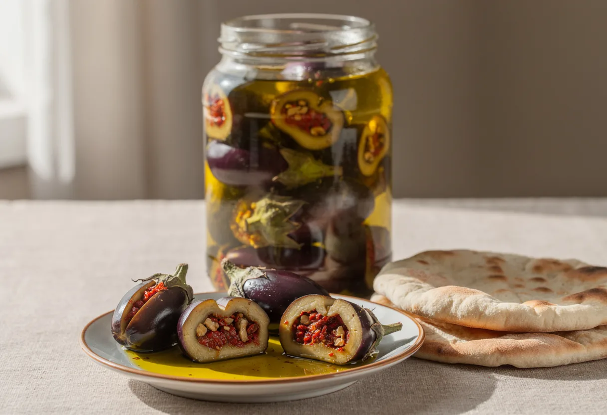 Small purple stuffed eggplants packed in olive oil in a glass jar, a few on a plate with flatbread