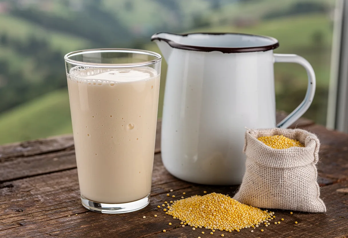 Tall glass and a jug of thick, pale cream-coloured maize drink