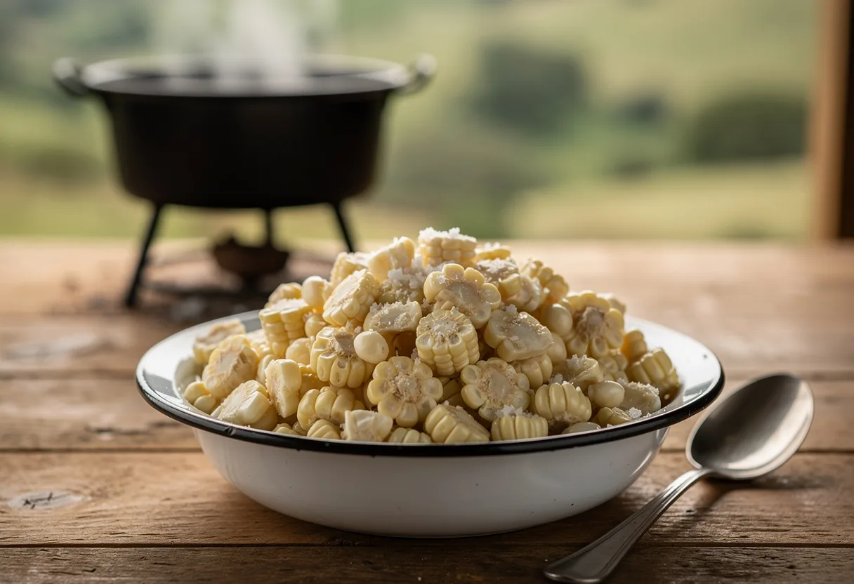 Bowl of plump boiled white maize kernels with cracked skins