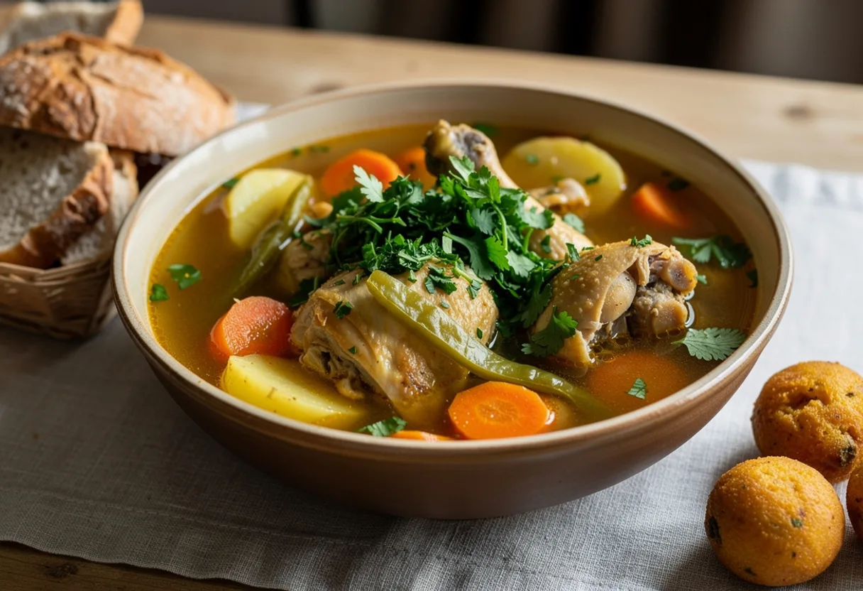 Bowl of light chicken soup with carrot, potato and green pepper, scattered with fresh coriander and parsley