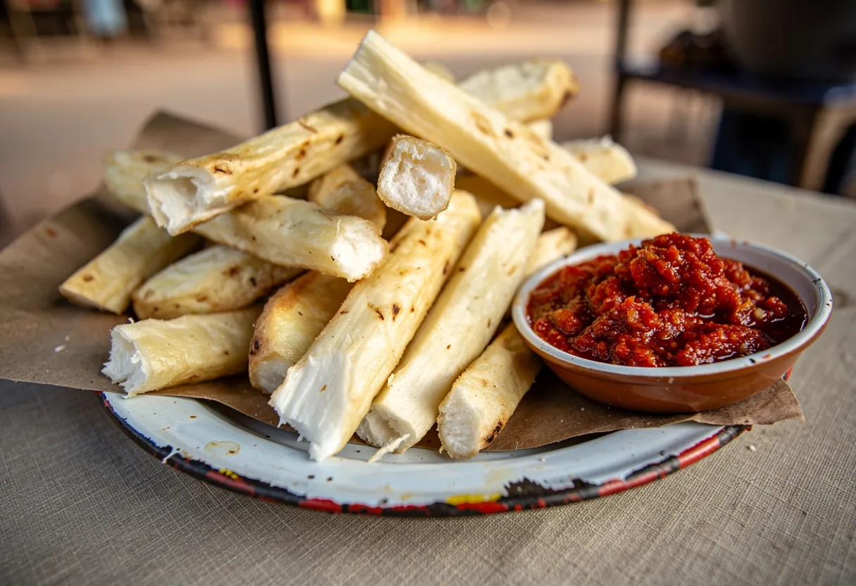 Pile of thick golden fried yam chips on paper with a small bowl of red raw chili and tomato pepper sauce